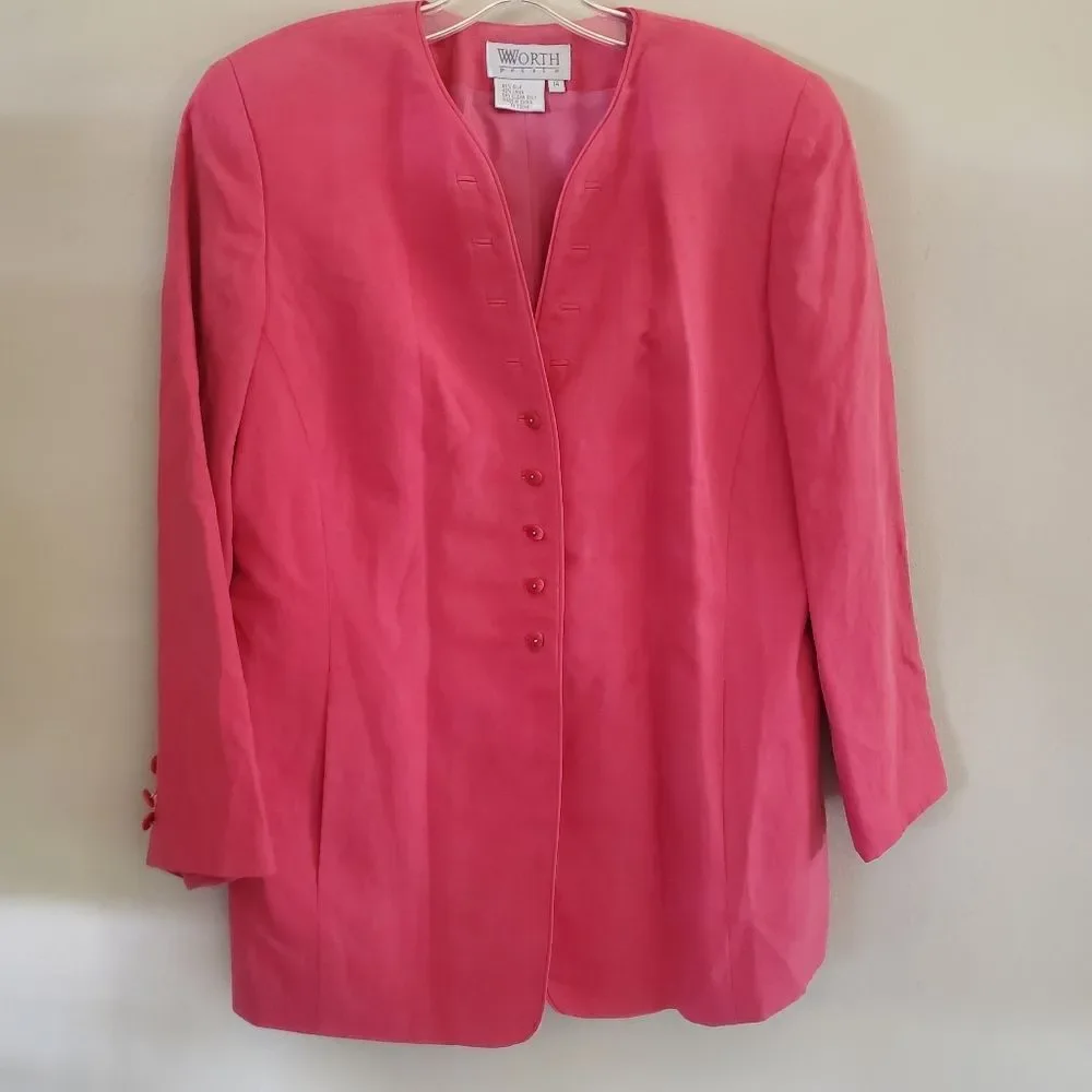 Vtg WORTH Petite Women's Pink  Blazer Silk & Linen-Blend  Size 14 Preppy‎